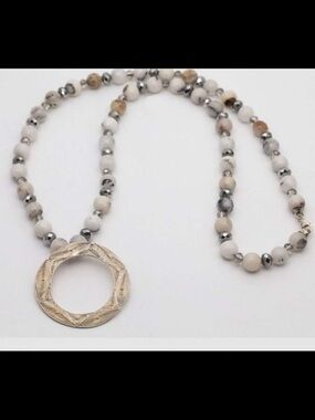 Pomina Semi-Precious Matte Stone, with Hammered Silvertone Pendant Necklace#367